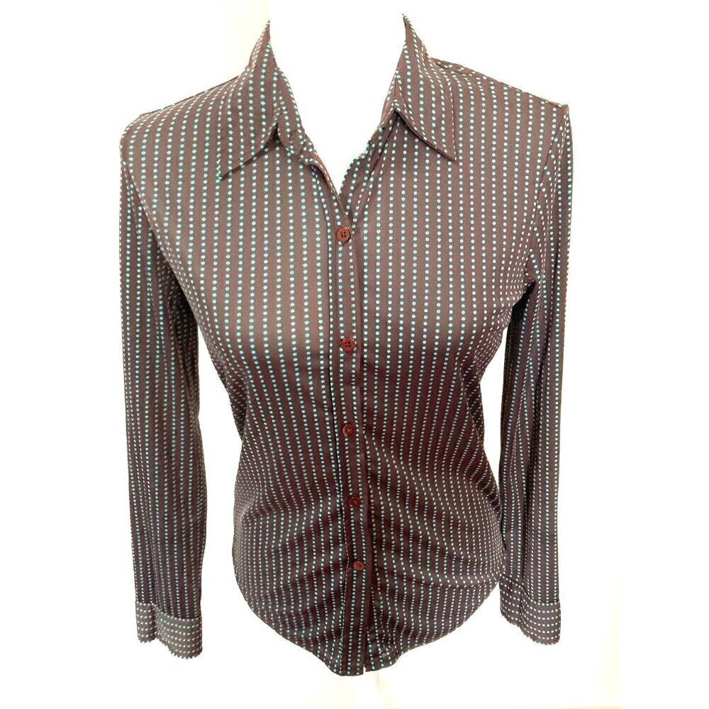 Express World Brand Chocolate Brown Teal Blue Swiss Dot Button Down Small